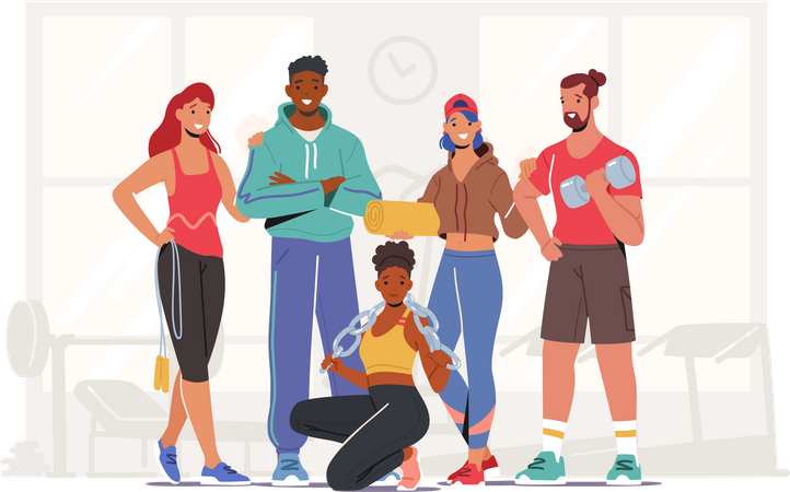 Pessoas treinam juntas na academia  Ilustração