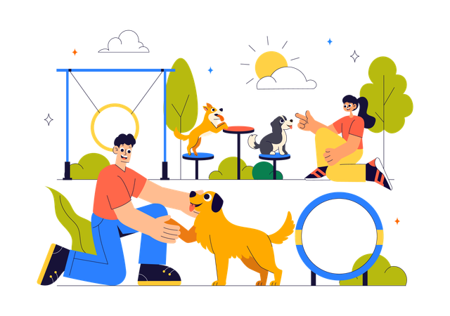 Pessoas treinando cães no chão  Ilustração