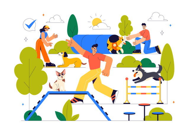 Pessoas treinando cães no chão  Ilustração