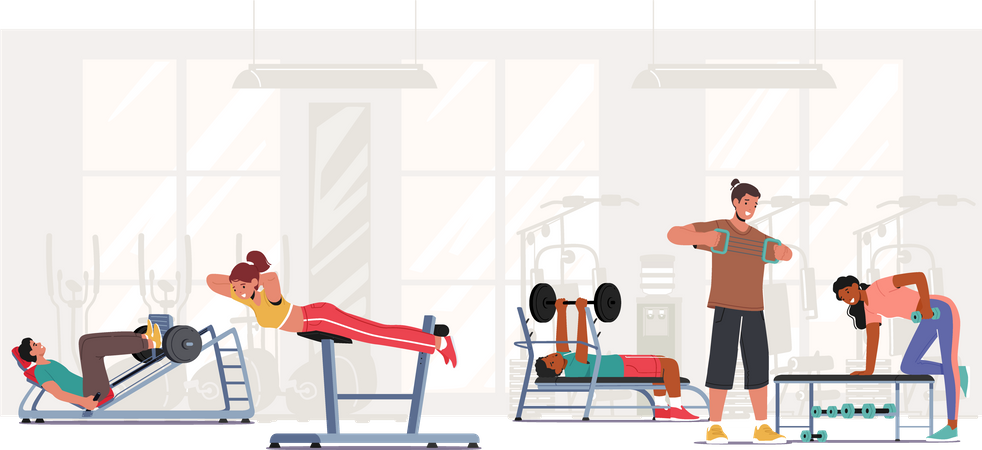 Pessoas treinando na academia  Ilustração