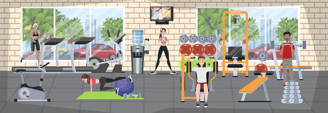 Pessoas treinando na academia  Ilustração