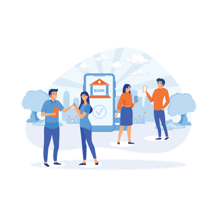 Pessoas usando aplicativos para transferência de dinheiro, contabilidade e serviços bancários on-line  Ilustração