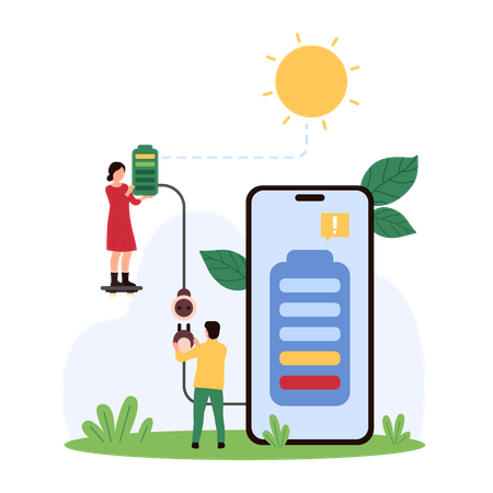 Pessoas que usam energia renovável para carregar celulares  Ilustração