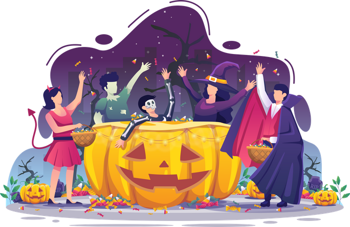Pessoas vestindo fantasias de Halloween estão coletando doces na noite de Halloween  Ilustração