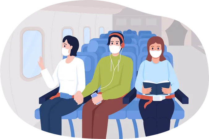 Pessoas usando máscara dentro de avião  Ilustração