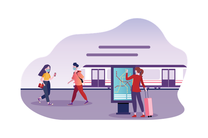 Pessoas usando máscara na estação de metrô  Ilustração