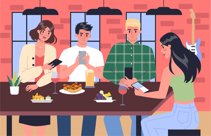 Pessoas usando smartphone enquanto jantam em um restaurante  Ilustração