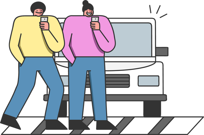 Pessoas usando smartphones atravessando a rua na zebra e não percebendo o carro  Ilustração