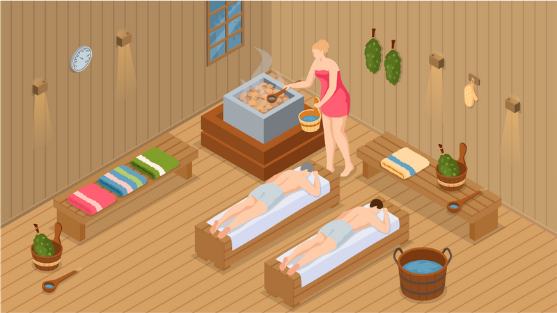 Pessoas cozinhando na sauna  Ilustração