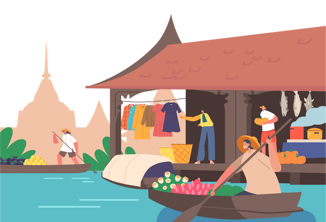 As pessoas vendem e compram mercadorias no mercado flutuante na Tailândia  Ilustração