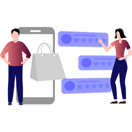 Pessoas verificando a avaliação do produto no celular  Ilustração