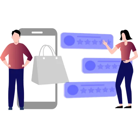 Pessoas verificando a avaliação do produto no celular  Ilustração