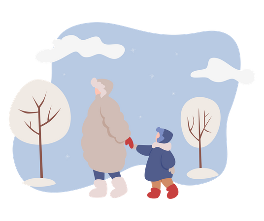 Pessoas vestindo roupas de inverno andando na neve  Ilustração