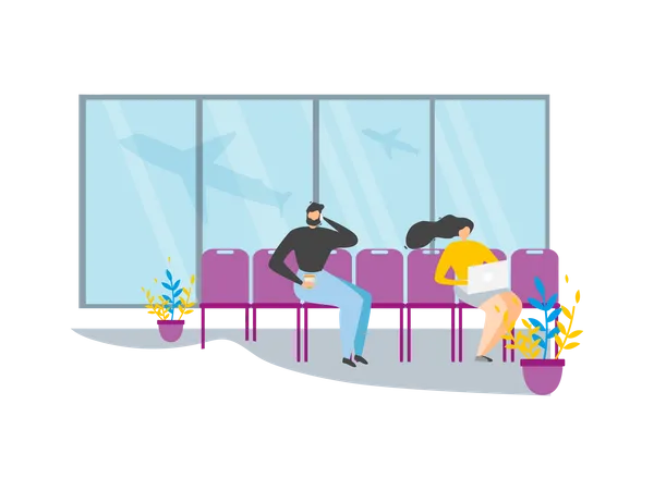 Pessoas viajando esperando voo no saguão do aeroporto  Ilustração