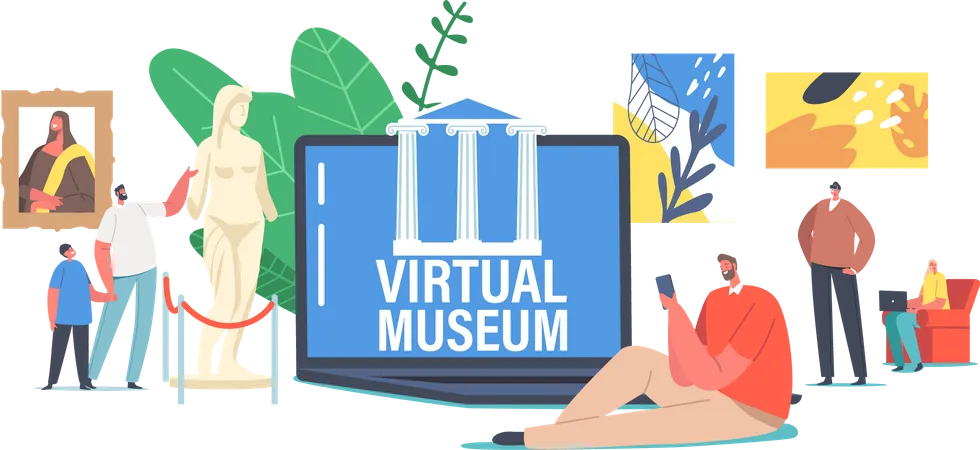Pessoas Visitando A Exposicao On Line Do Museu Virtual Tour Digital A Galeria De Arte Pequenos Personagens Em Um Enorme Laptop Com Obras Primas Na Tela Tecnologia De Internet Para Lazer Domestico Ilustra O Vetorial De Desenho Animado Ilustração