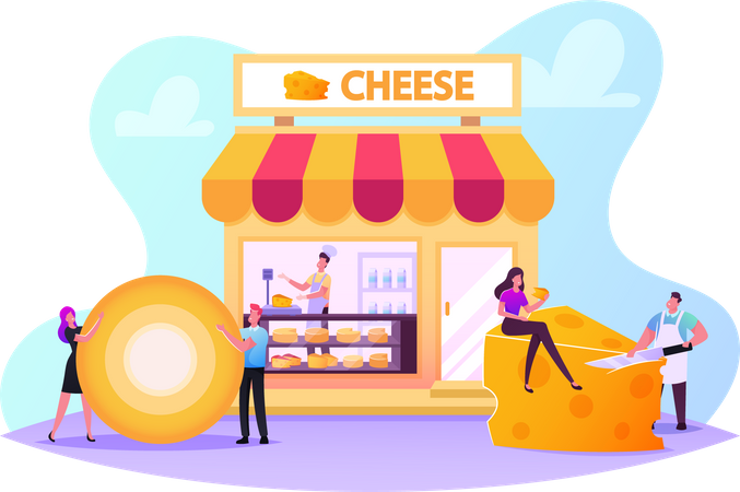 Pessoas visitando uma loja de queijos  Ilustração
