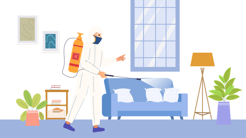 Pest Control Guy Spraying Chemical pest in house  Illustration