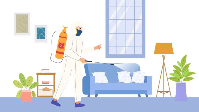 Pest Control Guy Spraying Chemical pest in house  Illustration