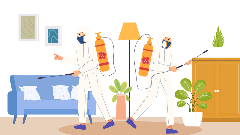 Pest Control Workers Spraying Pest Medicine in house  Illustration