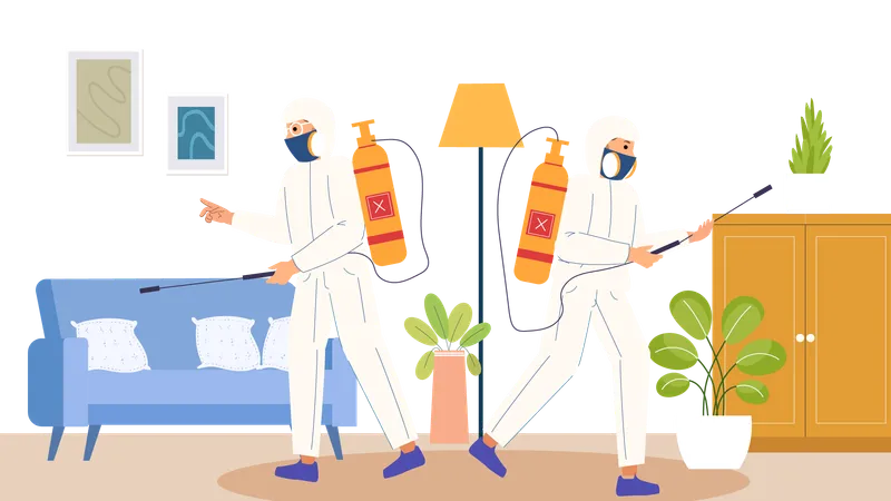 Pest Control Workers Spraying Pest Medicine in house  Illustration