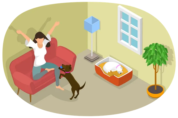 3 D Isometric Flat Vector Conceptual Illustration Of Pet At Home People And Domestic Animals Illustration