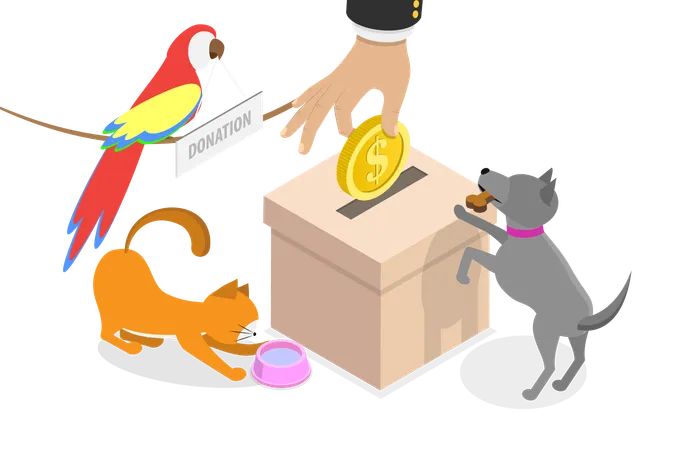3 D Isometric Flat Vector Illustration Of Pet Donation Feeding Homeless Dogs And Cats Illustration