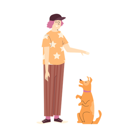 Pet owner teaches dog to follow sit command  Illustration