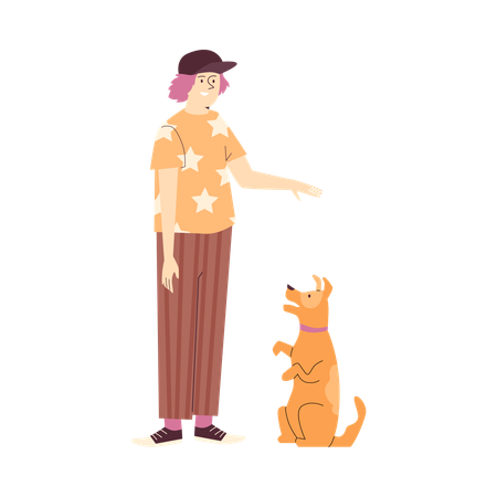 Pet owner teaches dog to follow sit command  Illustration