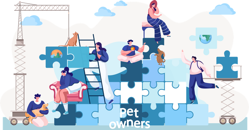 Pet owners men and women sitting on puzzle pyramid  Illustration