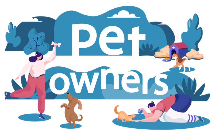 Pet Owners Playing with Cats and Dogs Outdoors  Illustration