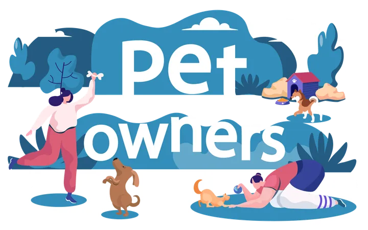 Pet Owners Playing with Cats and Dogs Outdoors  Illustration