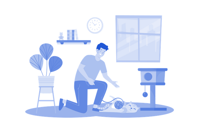 Pet Owners Playing With Ginger Cat  Illustration