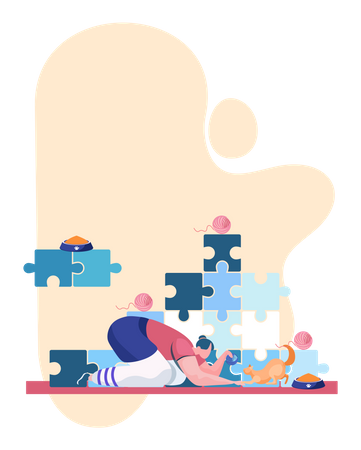Pet owners playing with ginger cat  Illustration