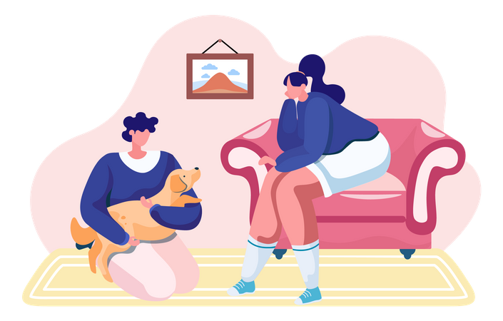 Pet owners sitting with a dog  Illustration