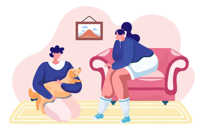 Pet owners sitting with a dog  Illustration