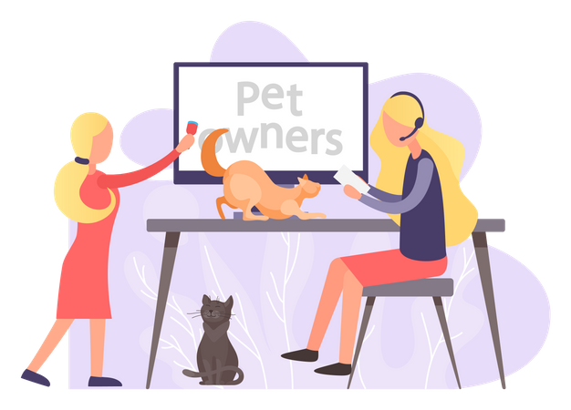 Pet owners watch tutorial about keeping animals at home Illustration