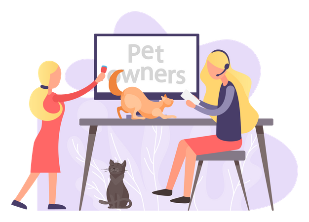 Pet owners watch tutorial about keeping animals at home  Illustration