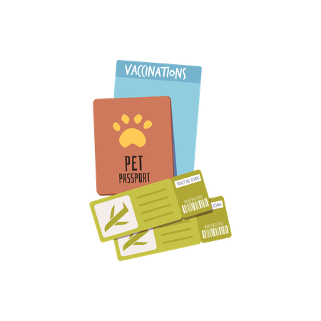 Pet passport, two boarding passes and a pet vaccination document.  Illustration