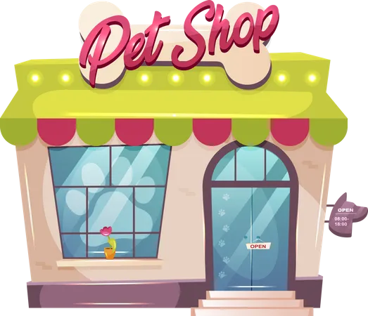 Pet Shop Cartoon Vector Illustration Veterinary Building Flat Color Object Store Exterior With Striped Canopy Animal Shelter Storefront Small Building Shopfront Isolated On White Background Illustration