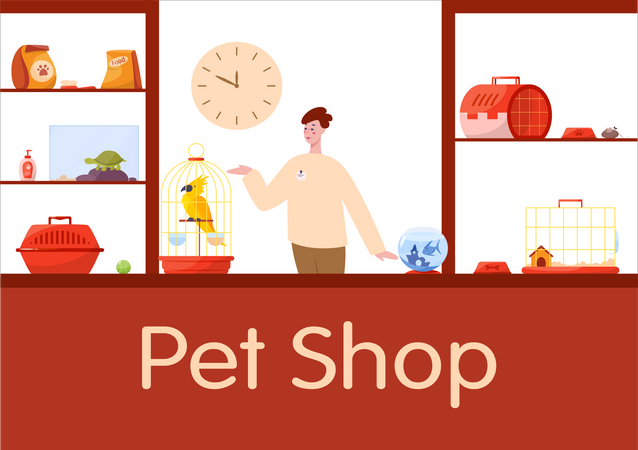 Pet shop counter with male worker seller  Illustration