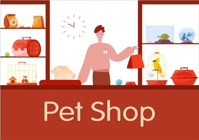 Pet Shop Counter Interior With Male Worker Seller Food And Toy For Domestic Animal In The Store Dog And Cat Care Isolated Flat Illustration Illustration