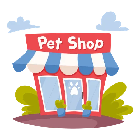 Pet Shop Or Store Building Front Side Goods For Animal In The House City Market Flat Illustration Illustration