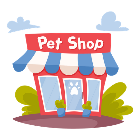 Pet shop or store building front side. Goods for animal in the house.  Illustration