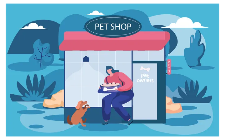 Pet shop owner giving food to dog Illustration
