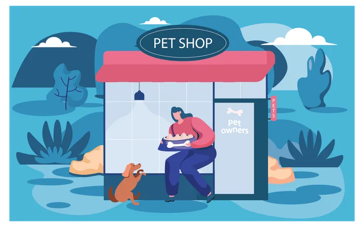 Pet shop owner giving food to dog  Illustration