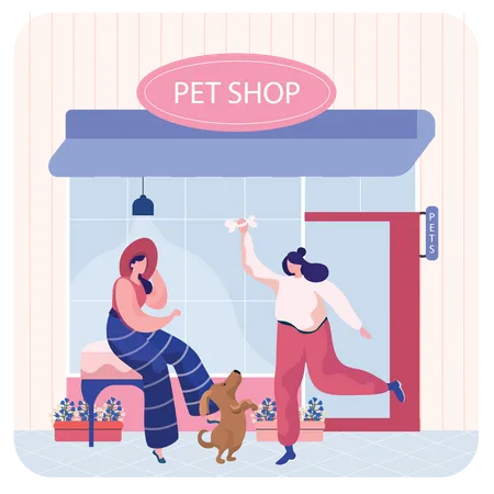 Girl playing with dog at pet shop  イラスト