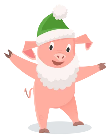 Petit cochon avec bonnet vert de Noël  Illustration