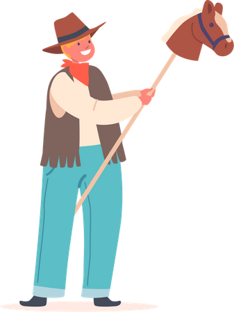 Petit cowboy avec cheval jouet sur bâton  Illustration
