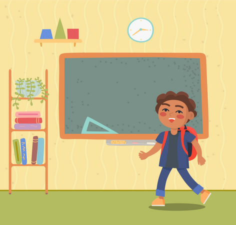 Petit élève près du tableau en classe  Illustration