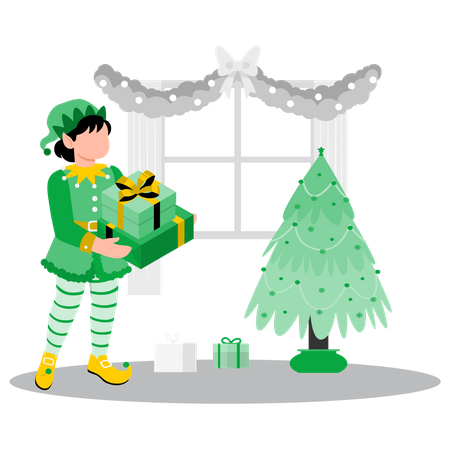 Petit elfe avec cadeau de Noël  Illustration